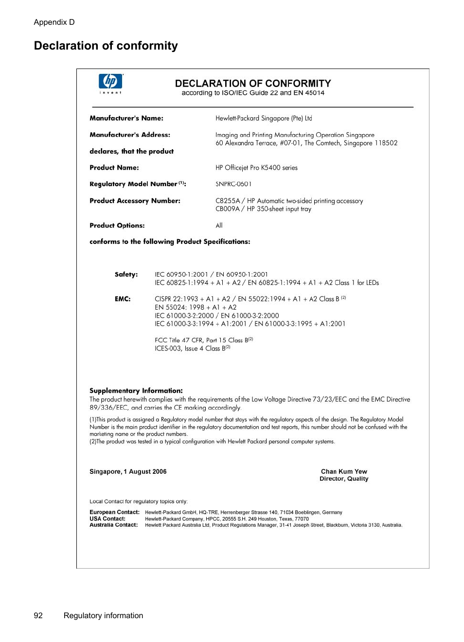 Declaration of conformity | HP Officejet Pro K5400 Printer User Manual | Page 96 / 103