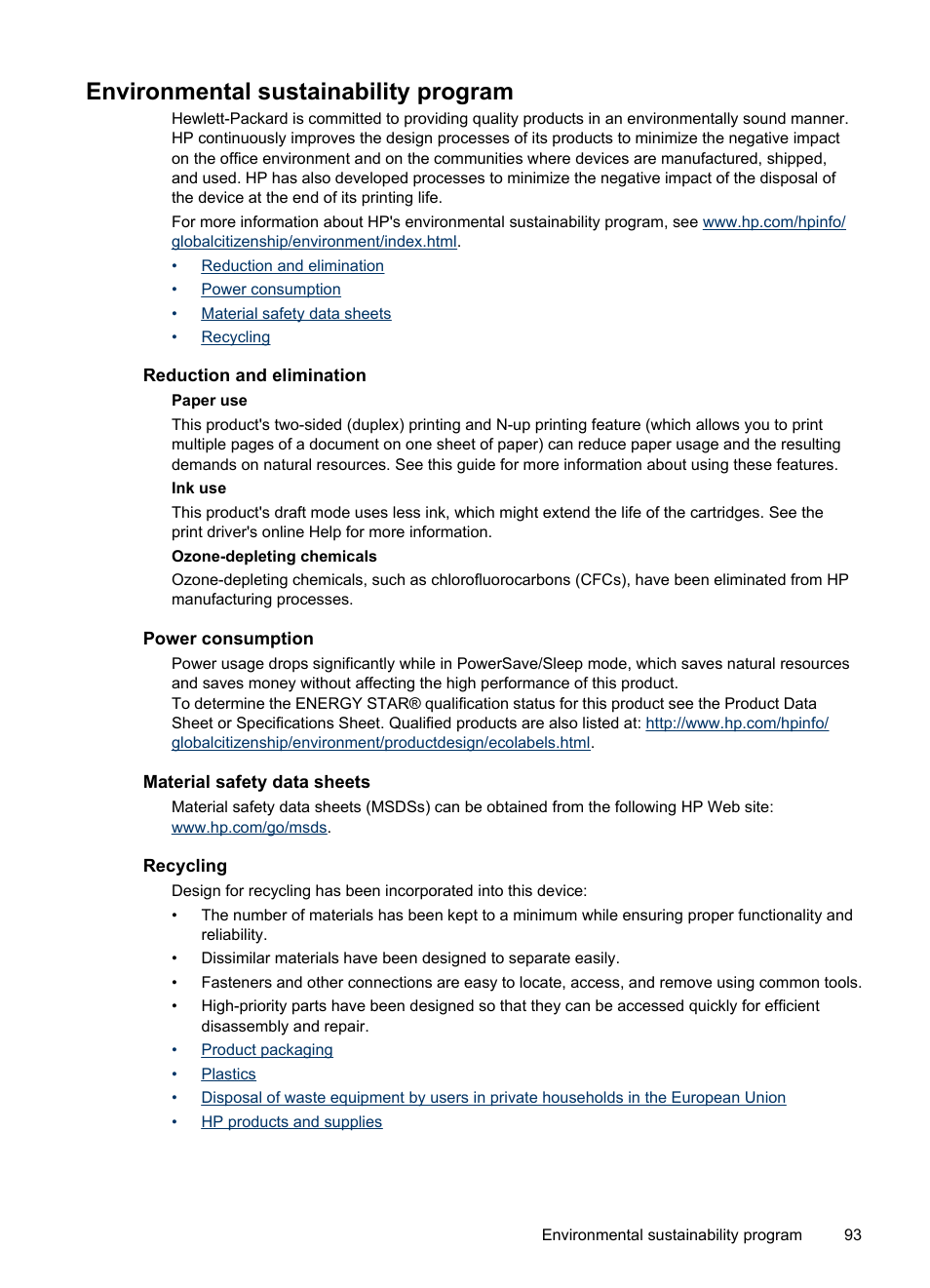 Environmental sustainability program, Reduction and elimination, Power consumption | Material safety data sheets, Recycling | HP Officejet Pro K5400 Printer User Manual | Page 97 / 103