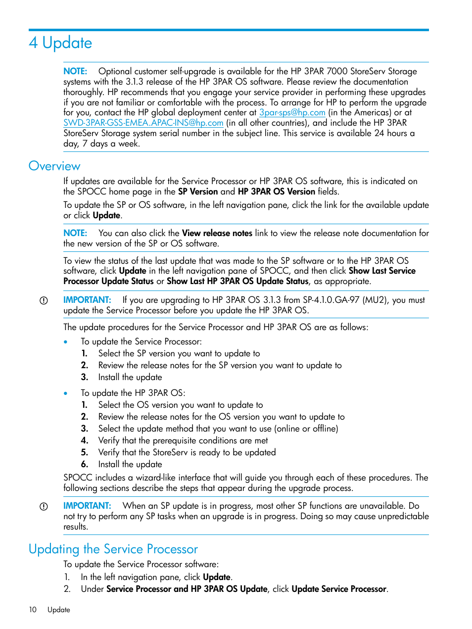 4 update, Overview, Updating the service processor | Overview updating the service processor | HP 3PAR Service Processors User Manual | Page 10 / 39