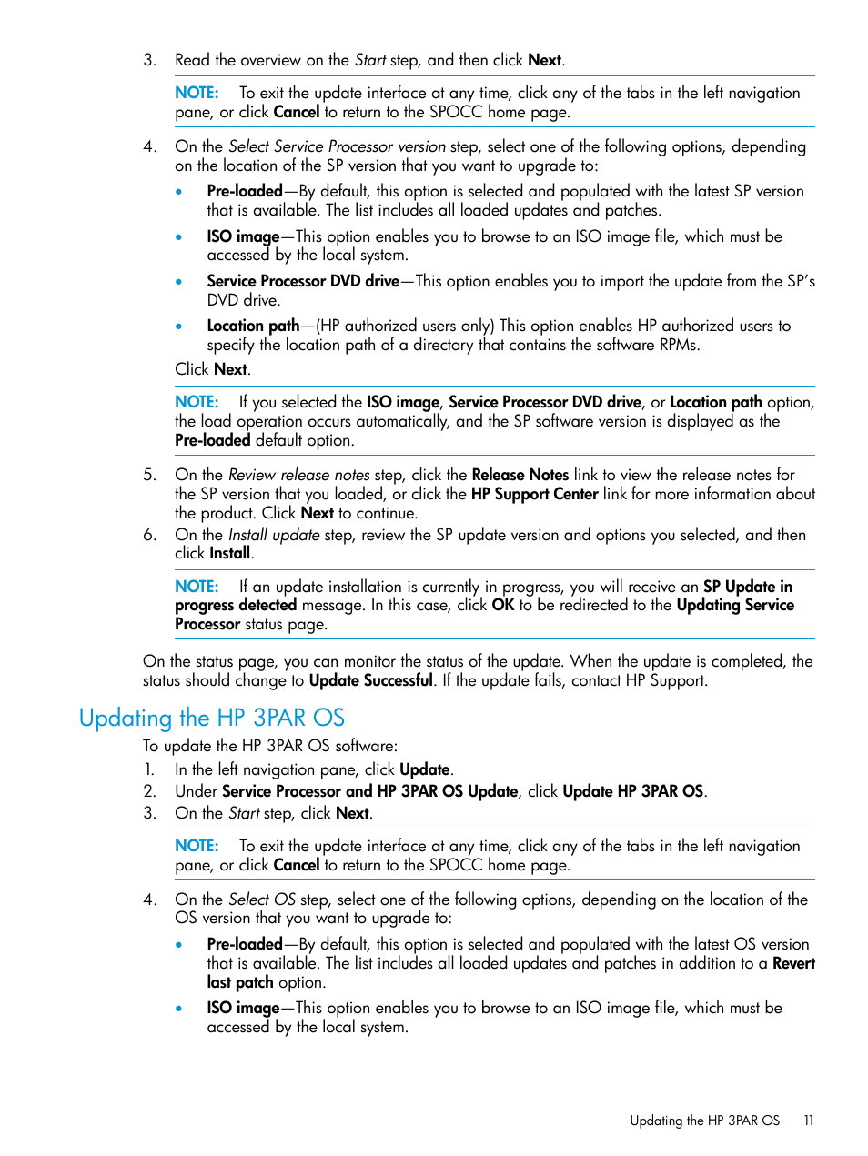 Updating the hp 3par os | HP 3PAR Service Processors User Manual | Page 11 / 39