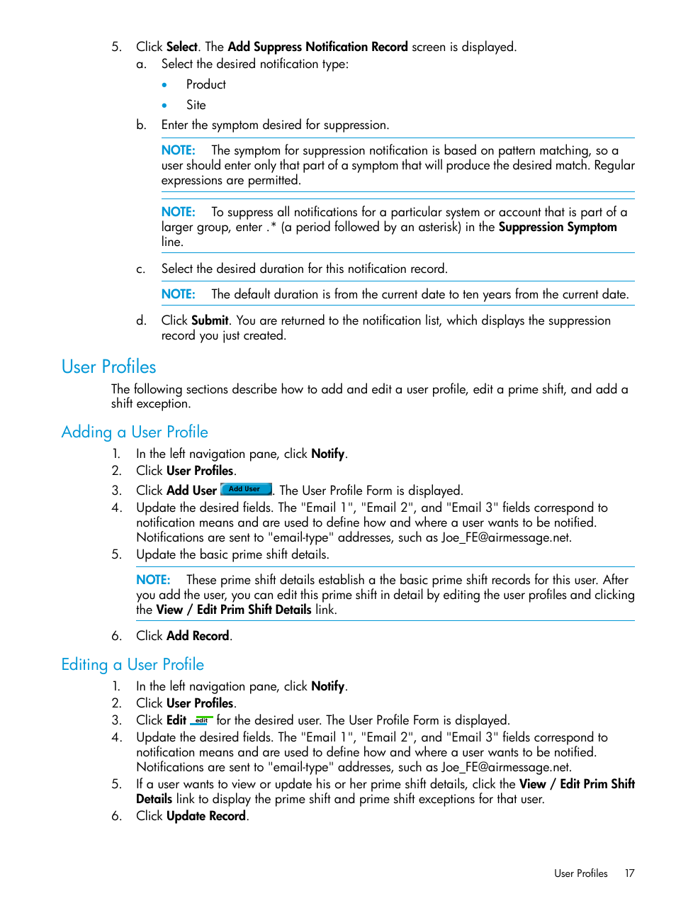 User profiles, Adding a user profile, Editing a user profile | Adding a user profile editing a user profile | HP 3PAR Service Processors User Manual | Page 17 / 39