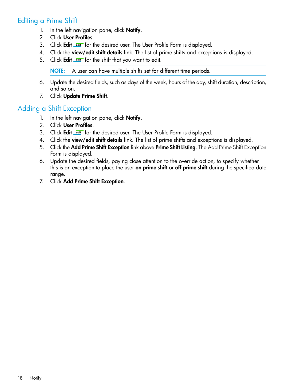 Editing a prime shift, Adding a shift exception, Editing a prime shift adding a shift exception | HP 3PAR Service Processors User Manual | Page 18 / 39