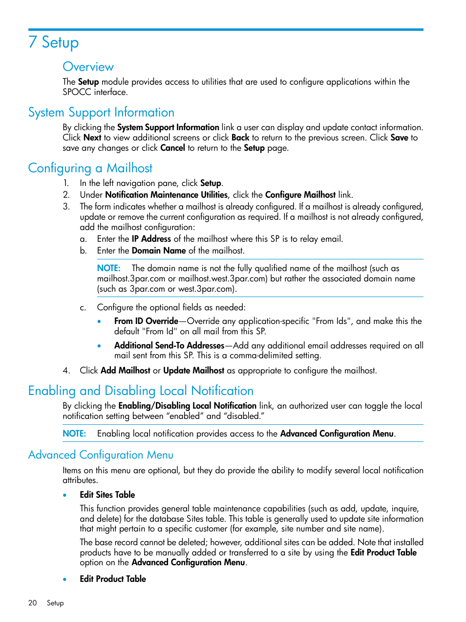 7 setup, System support information, Configuring a mailhost | Enabling and disabling local notification, Advanced configuration menu, Overview | HP 3PAR Service Processors User Manual | Page 20 / 39