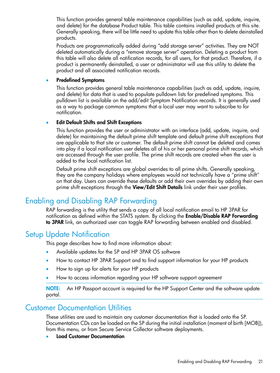 Enabling and disabling rap forwarding, Setup update notification, Customer documentation utilities | HP 3PAR Service Processors User Manual | Page 21 / 39