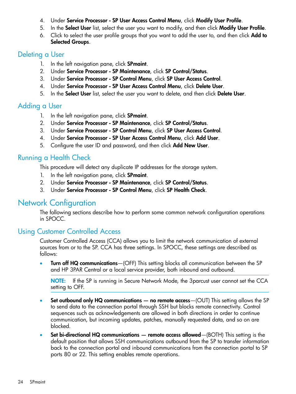 Deleting a user, Adding a user, Running a health check | Network configuration, Using customer controlled access | HP 3PAR Service Processors User Manual | Page 24 / 39