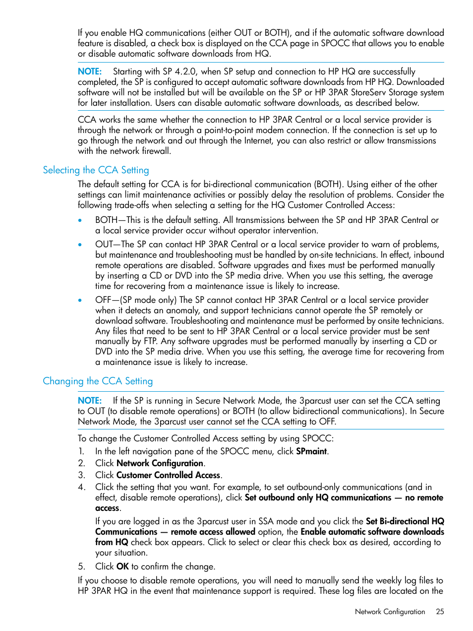 Selecting the cca setting, Changing the cca setting, Selecting the cca setting changing the cca setting | HP 3PAR Service Processors User Manual | Page 25 / 39