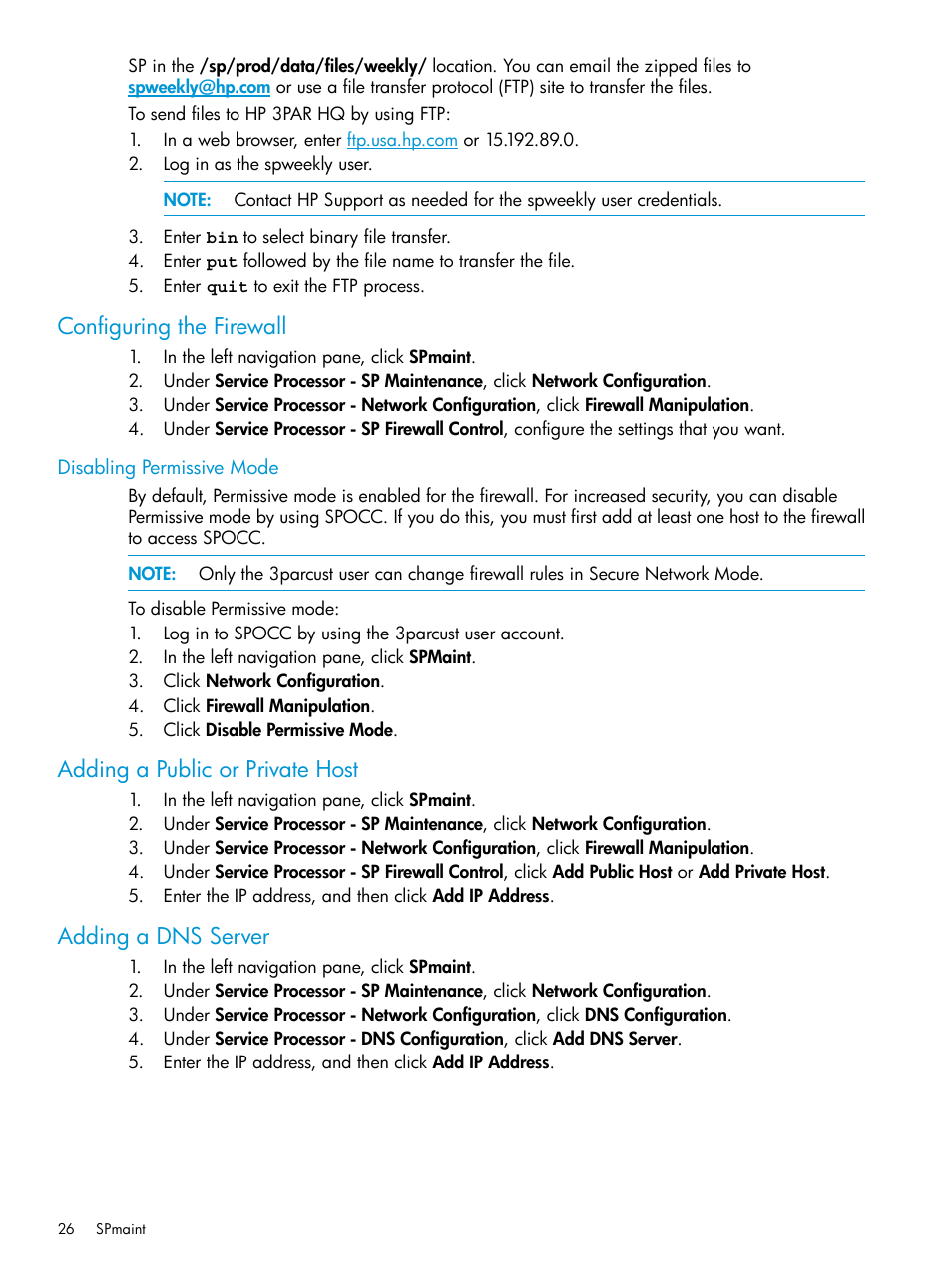 Configuring the firewall, Disabling permissive mode, Adding a public or private host | Adding a dns server | HP 3PAR Service Processors User Manual | Page 26 / 39