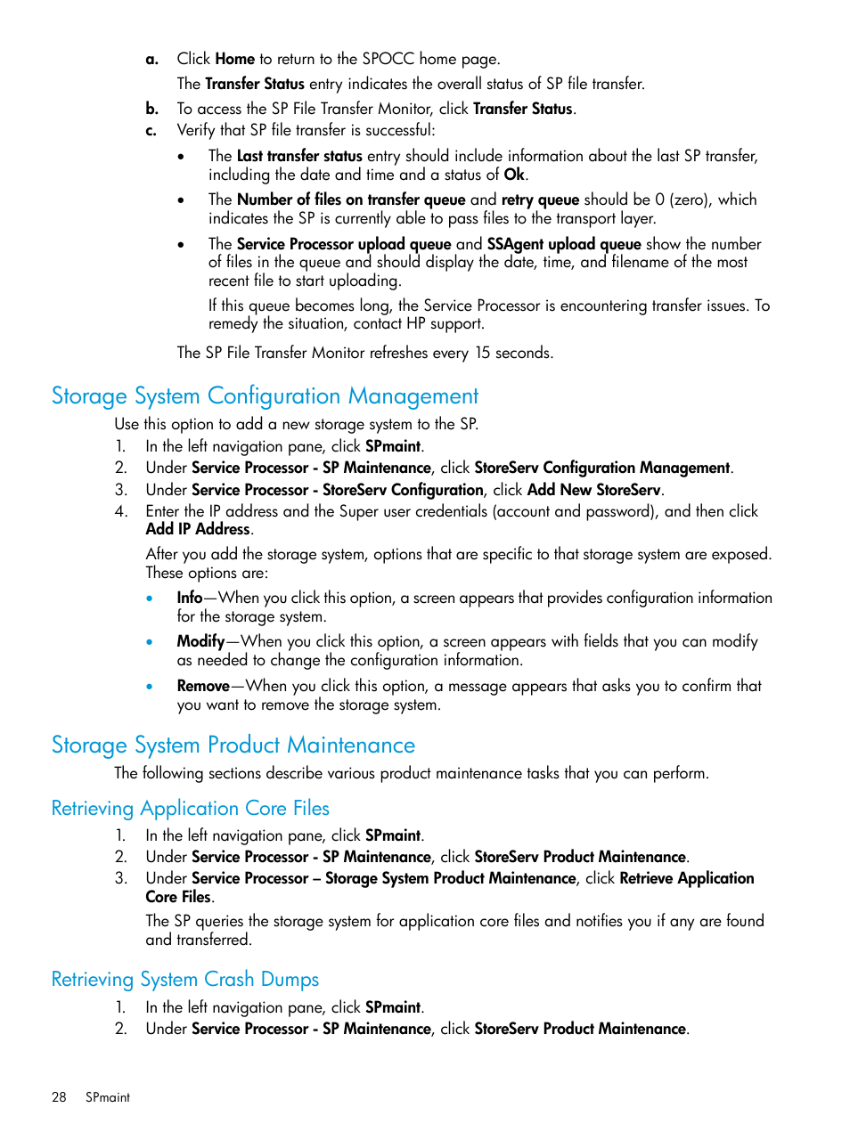 Storage system configuration management, Storage system product maintenance, Retrieving application core files | Retrieving system crash dumps | HP 3PAR Service Processors User Manual | Page 28 / 39