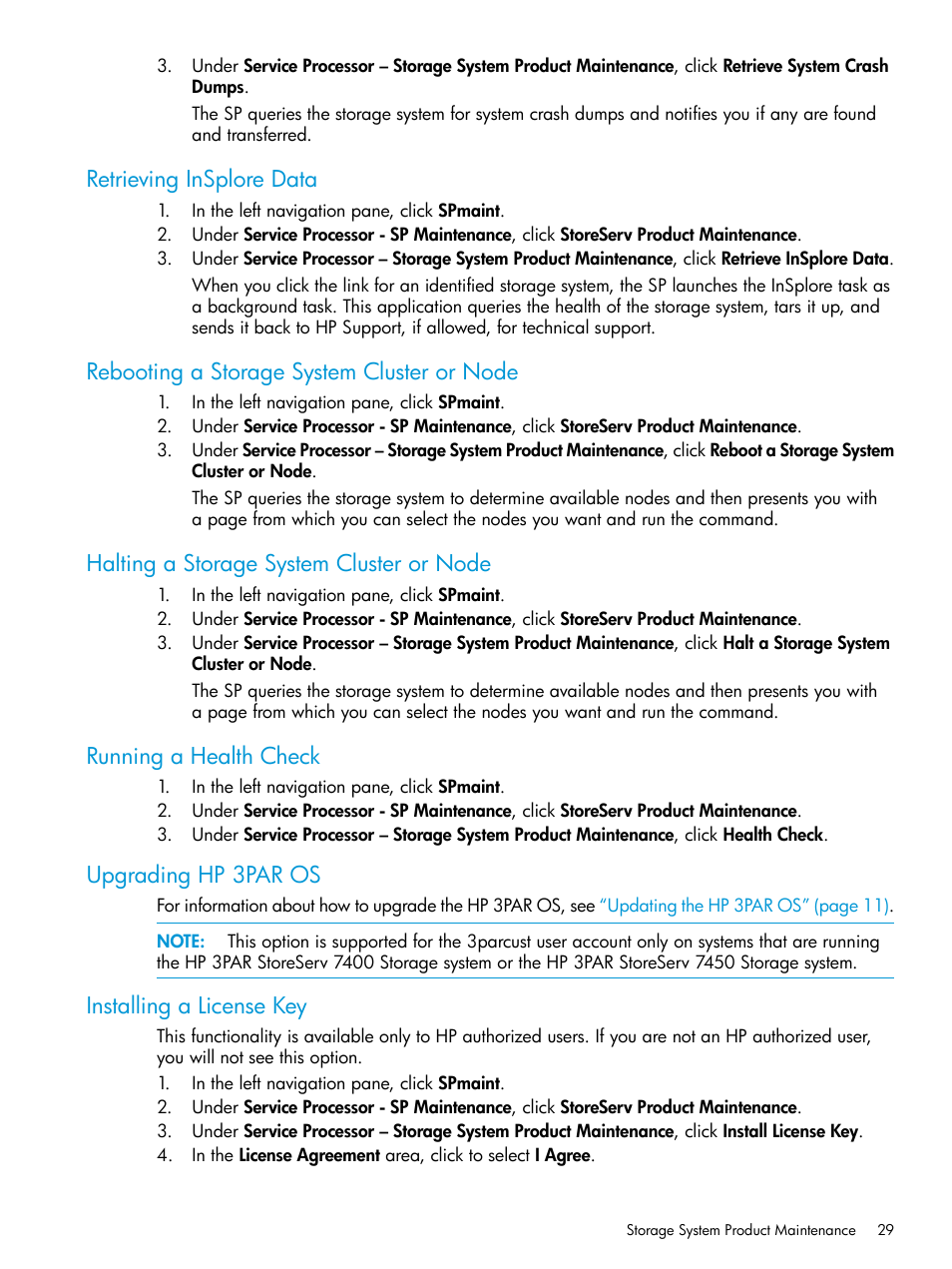 Retrieving insplore data, Rebooting a storage system cluster or node, Halting a storage system cluster or node | Running a health check, Upgrading hp 3par os, Installing a license key | HP 3PAR Service Processors User Manual | Page 29 / 39