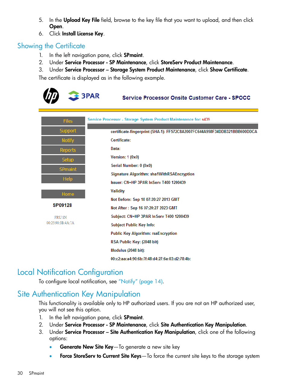 Showing the certificate, Local notification configuration, Site authentication key manipulation | HP 3PAR Service Processors User Manual | Page 30 / 39