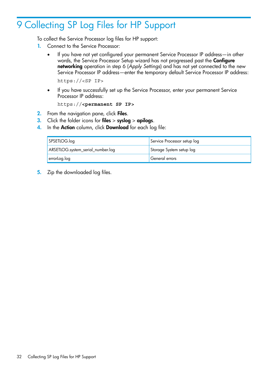 9 collecting sp log files for hp support | HP 3PAR Service Processors User Manual | Page 32 / 39