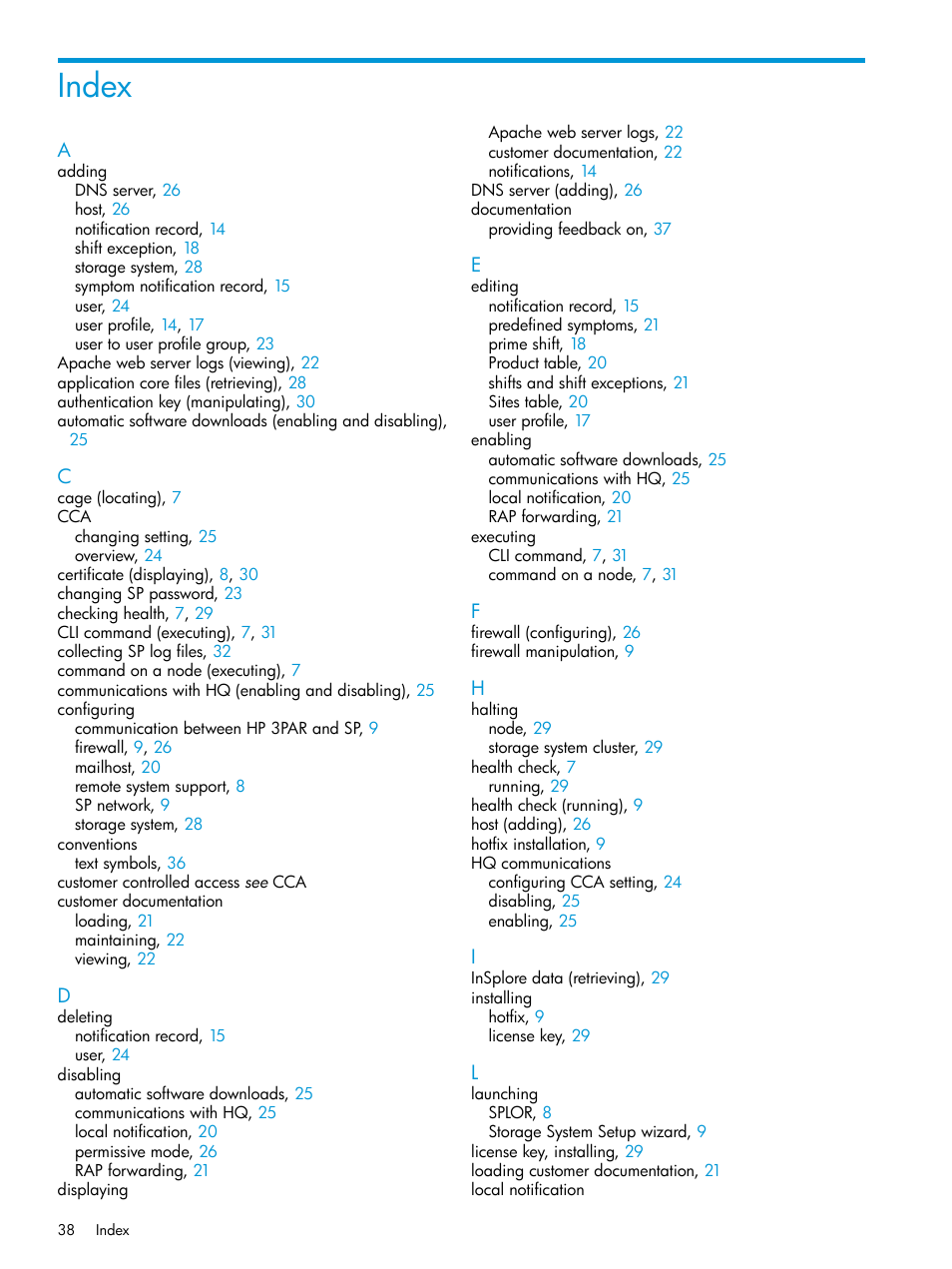 Index | HP 3PAR Service Processors User Manual | Page 38 / 39