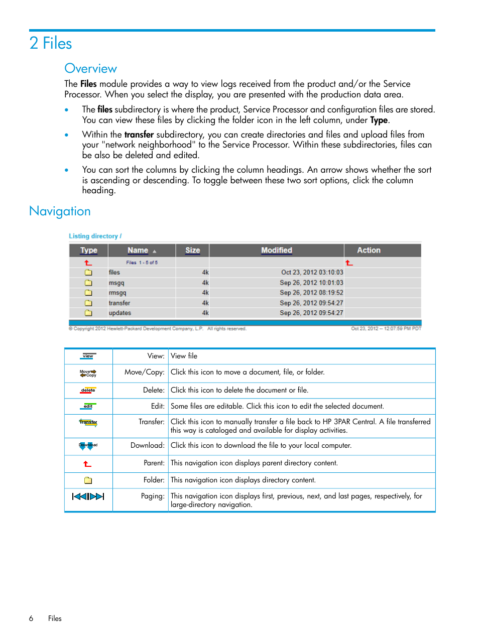 2 files, Navigation, Overview | HP 3PAR Service Processors User Manual | Page 6 / 39