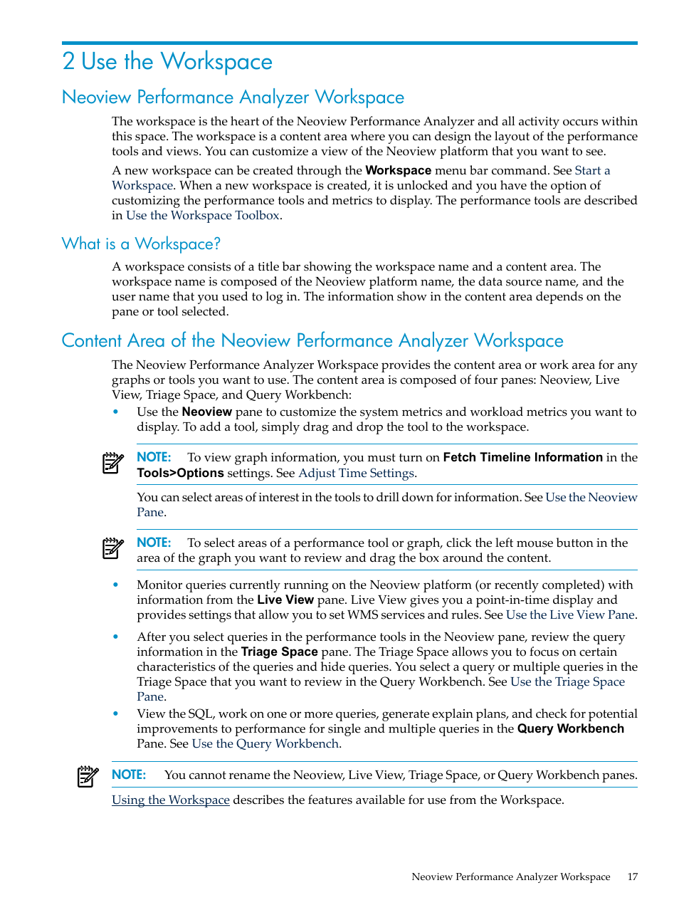 2 use the workspace, Neoview performance analyzer workspace, What is a workspace | HP Neoview Release 2.4 Software User Manual | Page 17 / 94