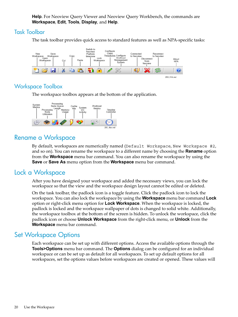 Task toolbar, Workspace toolbox, Rename a workspace | Lock a workspace, Set workspace options, Task toolbar workspace toolbox | HP Neoview Release 2.4 Software User Manual | Page 20 / 94