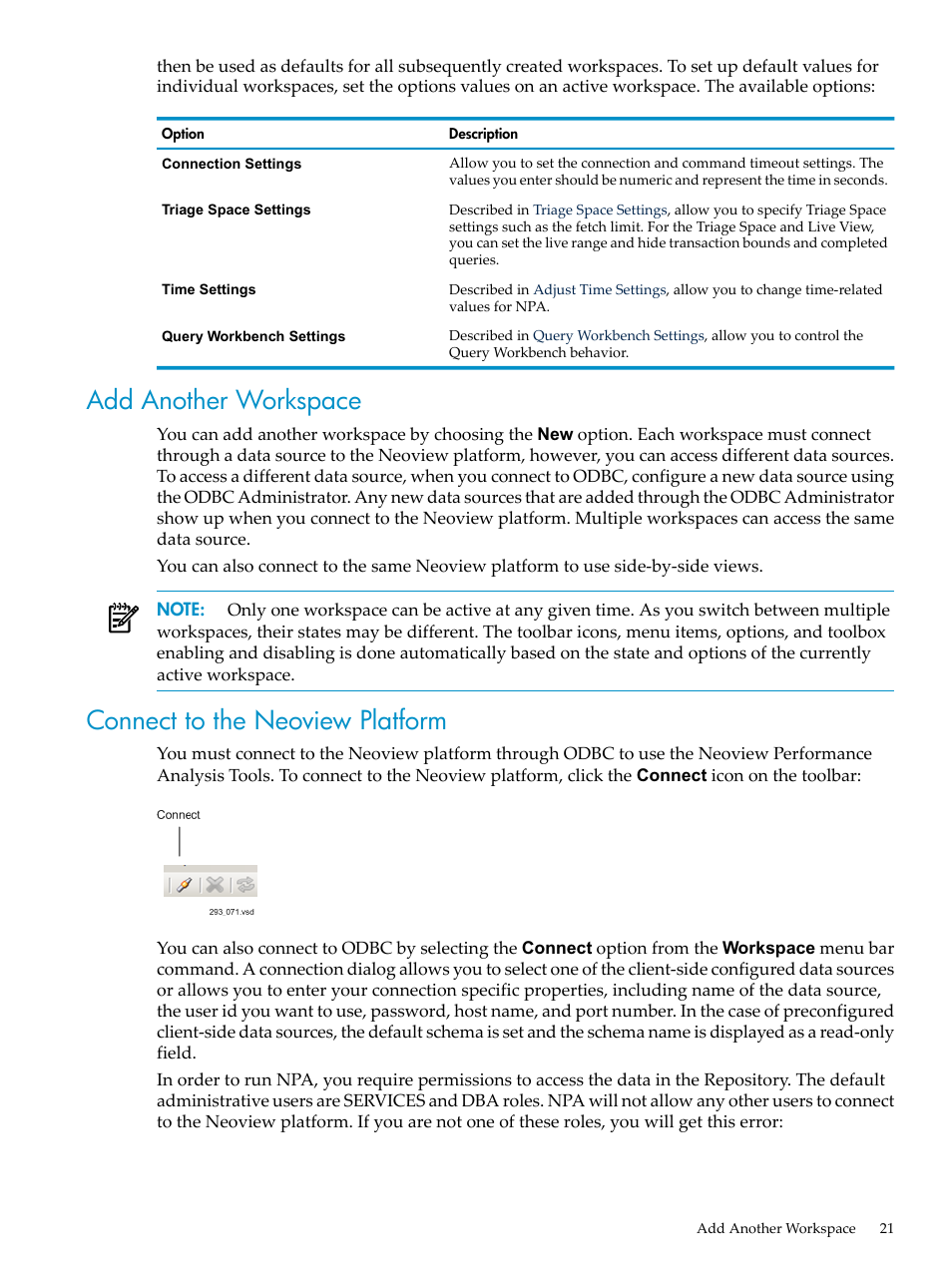 Add another workspace, Connect to the neoview platform, Connect to | The neoview platform, Connect to the neoview, Platform, Connect to the, Neoview platform | HP Neoview Release 2.4 Software User Manual | Page 21 / 94