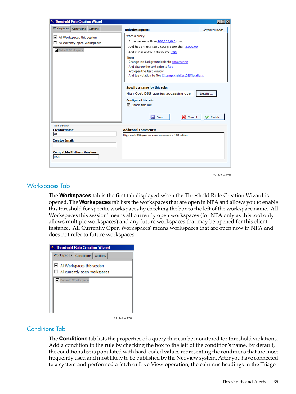 Workspaces tab, Conditions tab, Workspaces tab conditions tab | HP Neoview Release 2.4 Software User Manual | Page 35 / 94