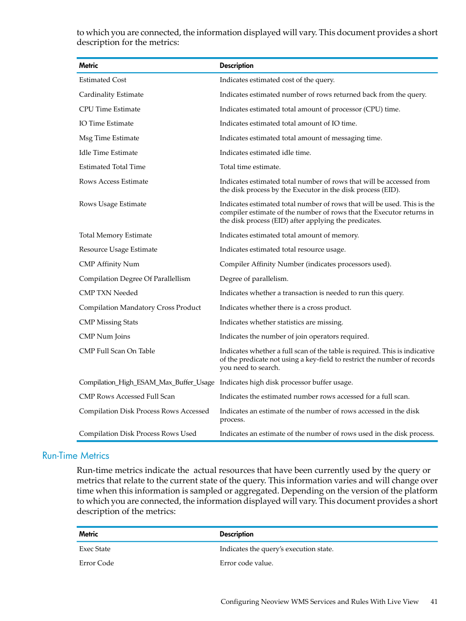 Run-time metrics | HP Neoview Release 2.4 Software User Manual | Page 41 / 94