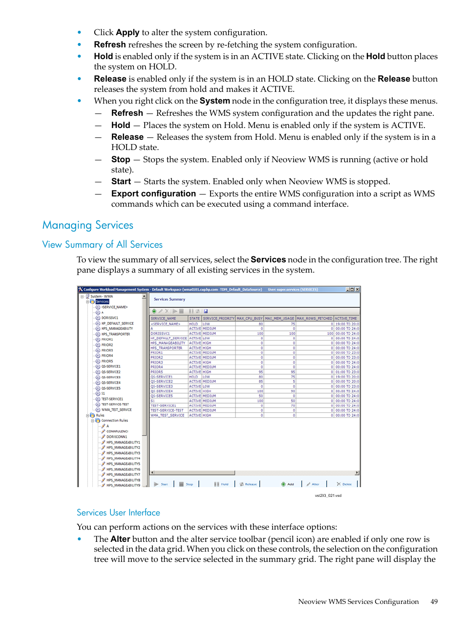 Managing services, View summary of all services, Services user interface | HP Neoview Release 2.4 Software User Manual | Page 49 / 94