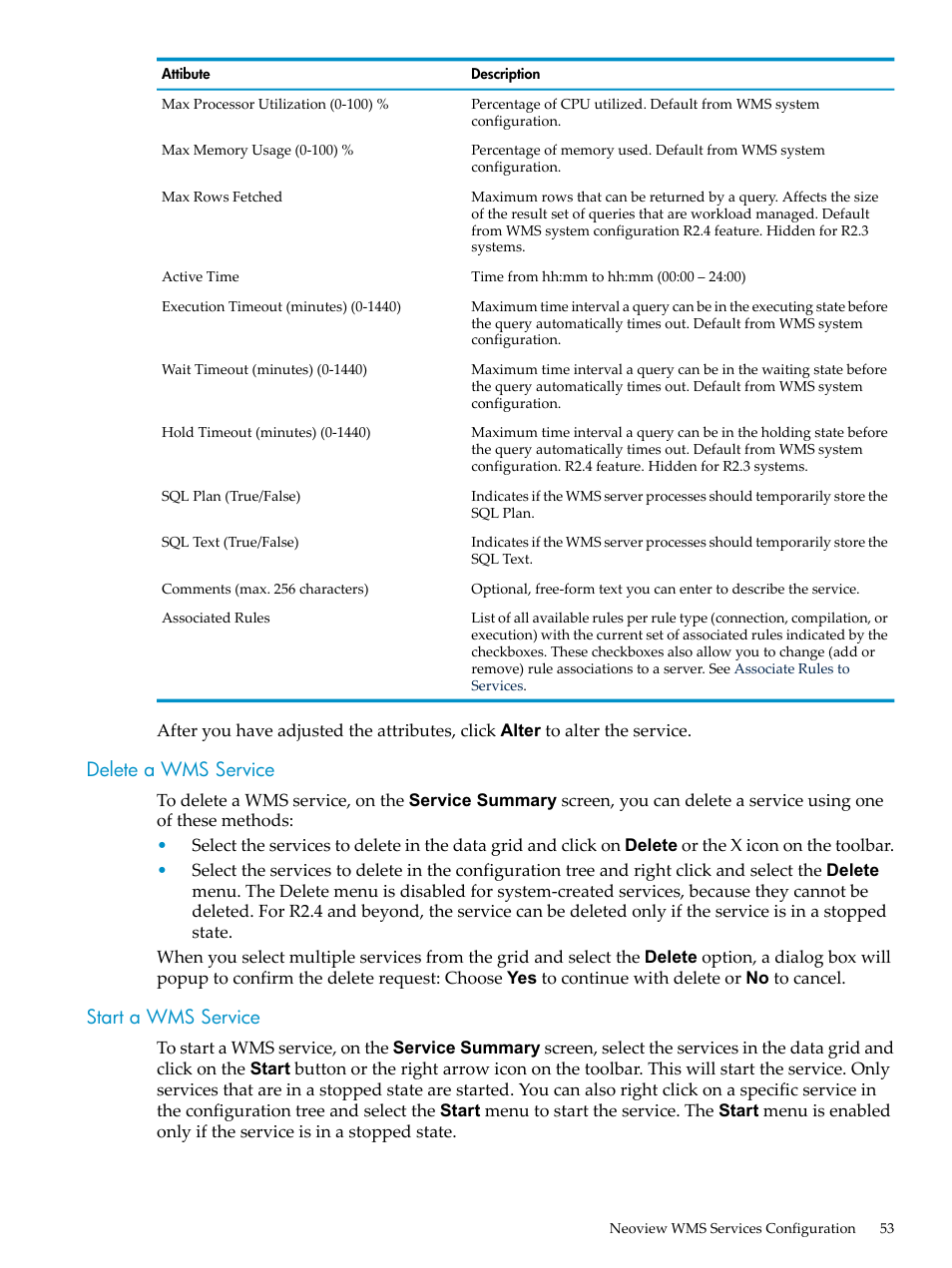 Delete a wms service, Start a wms service, Delete a wms service start a wms service | HP Neoview Release 2.4 Software User Manual | Page 53 / 94