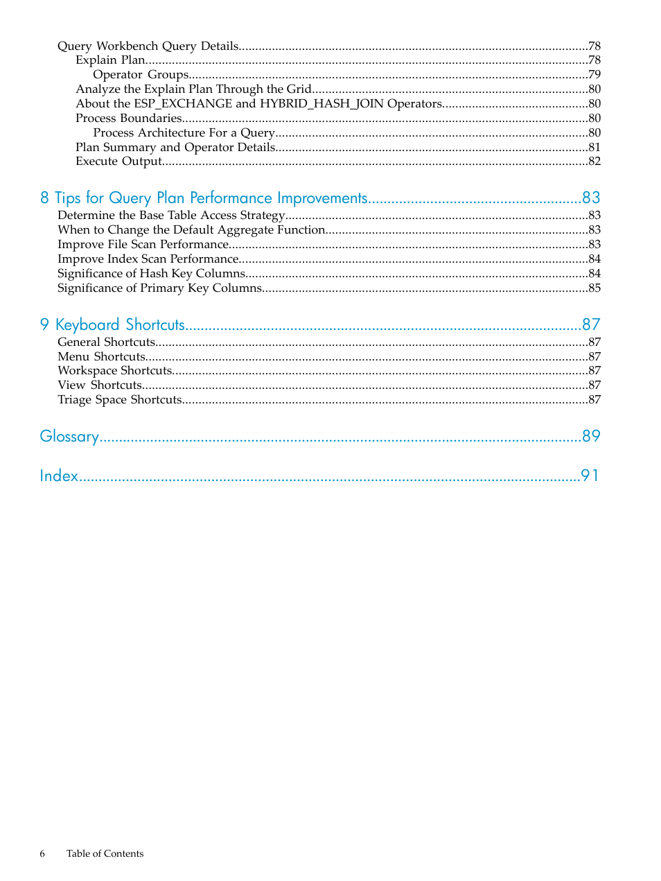 8 tips for query plan performance improvements, 9 keyboard shortcuts, Glossary index | HP Neoview Release 2.4 Software User Manual | Page 6 / 94