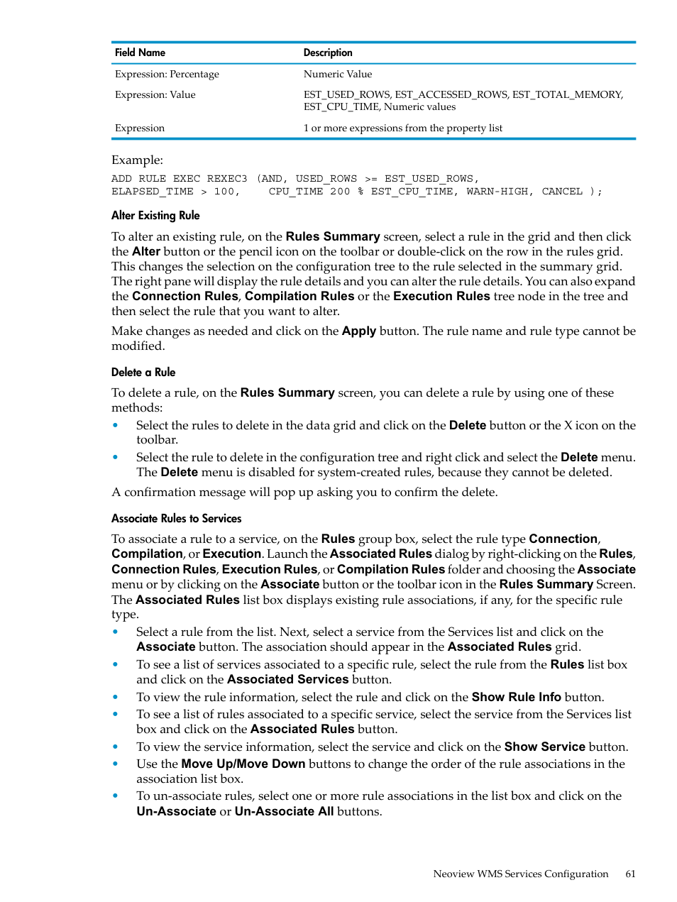 Alter existing rule, Delete a rule, Associate rules to services | HP Neoview Release 2.4 Software User Manual | Page 61 / 94