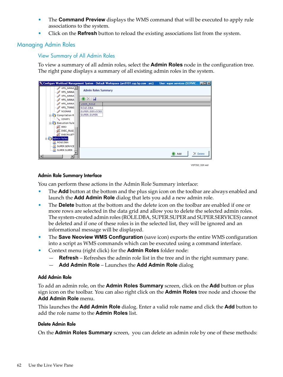 Managing admin roles, View summary of all admin roles, Admin role summary interface | Add admin role, Delete admin role | HP Neoview Release 2.4 Software User Manual | Page 62 / 94