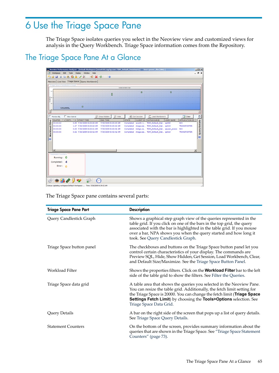 6 use the triage space pane, The triage space pane at a glance, Use the triage space | Pane | HP Neoview Release 2.4 Software User Manual | Page 65 / 94