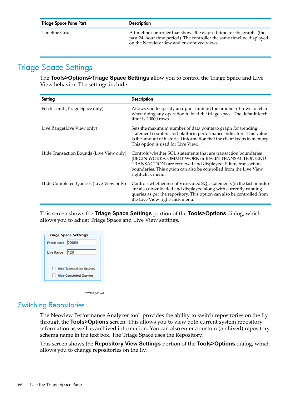 Triage space settings, Switching repositories | HP Neoview Release 2.4 Software User Manual | Page 66 / 94