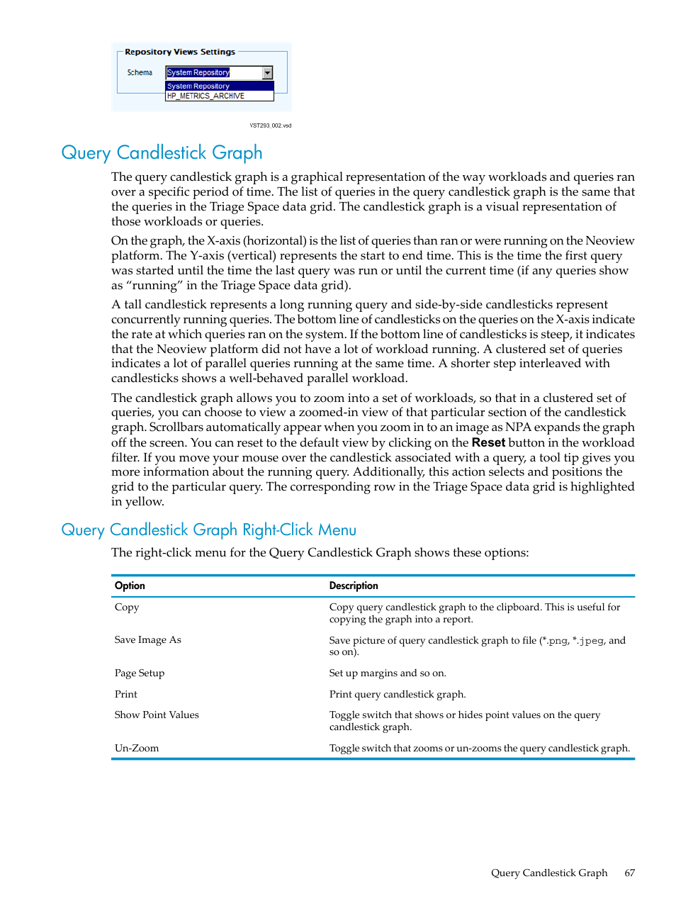 Query candlestick graph, Query candlestick graph right-click menu | HP Neoview Release 2.4 Software User Manual | Page 67 / 94