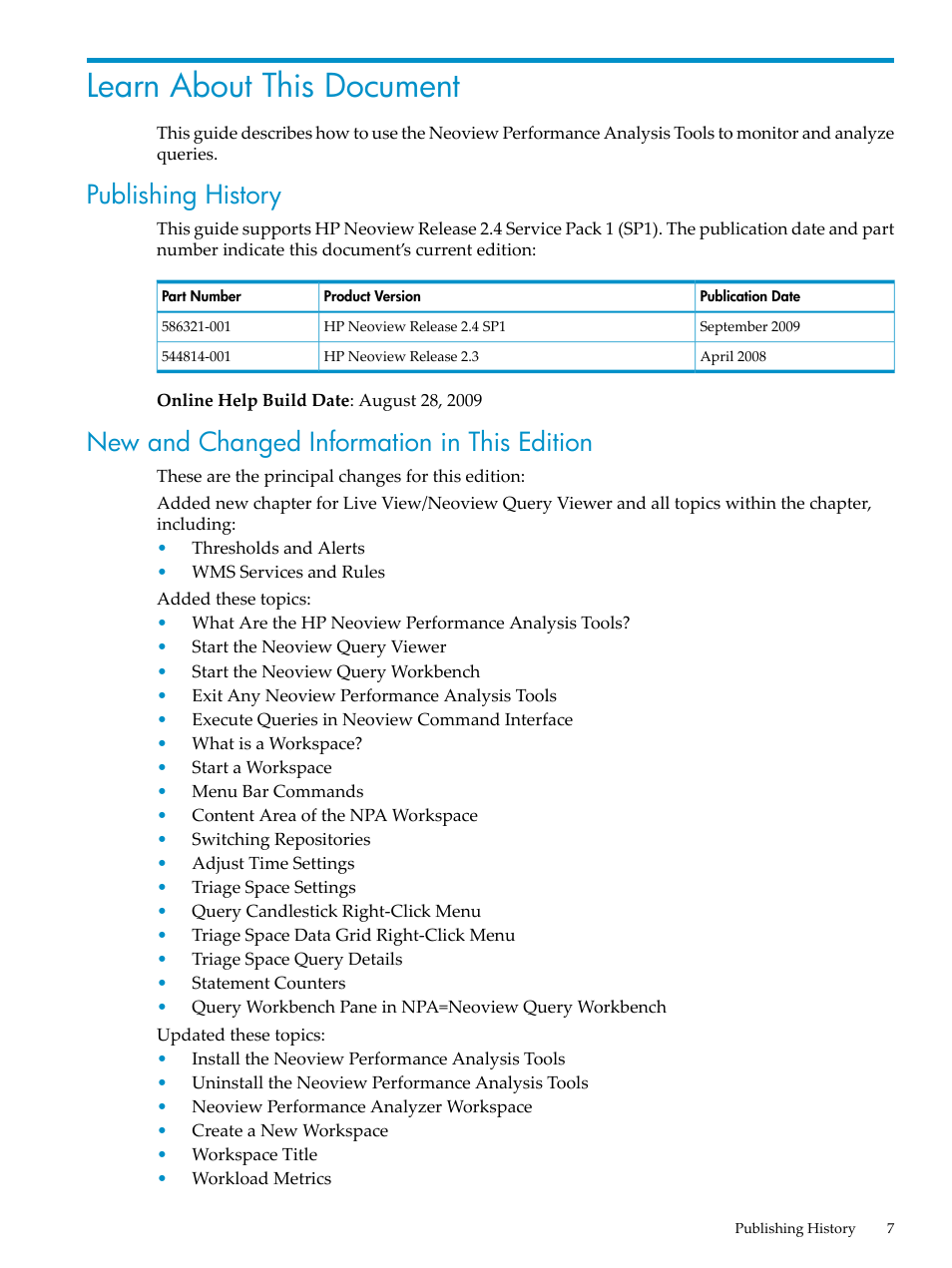 Learn about this document, Publishing history, New and changed information in this edition | HP Neoview Release 2.4 Software User Manual | Page 7 / 94