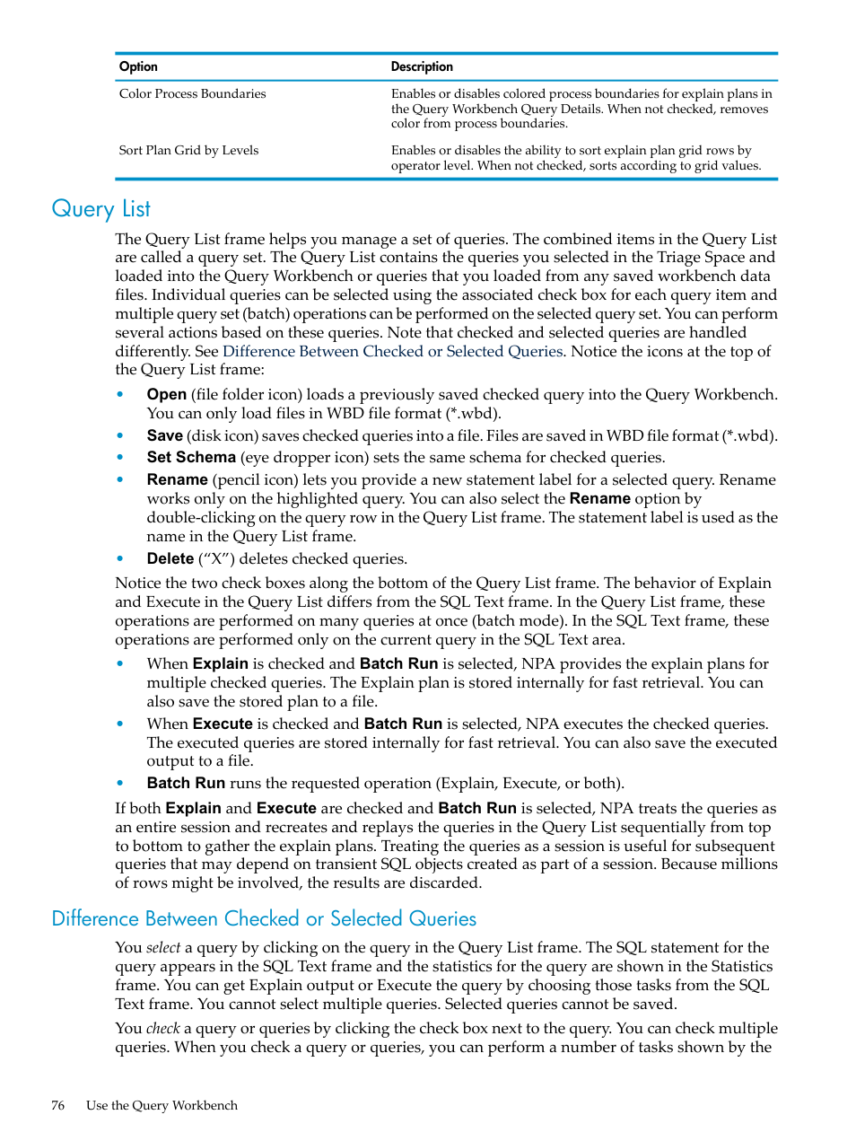 Query list, Difference between checked or selected queries | HP Neoview Release 2.4 Software User Manual | Page 76 / 94