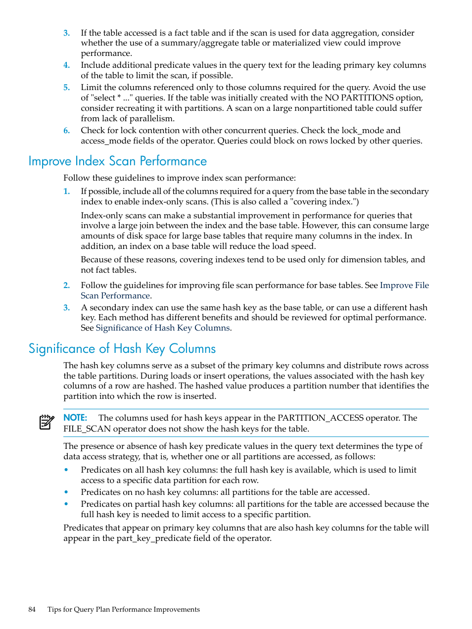 Improve index scan performance, Significance of hash key columns | HP Neoview Release 2.4 Software User Manual | Page 84 / 94