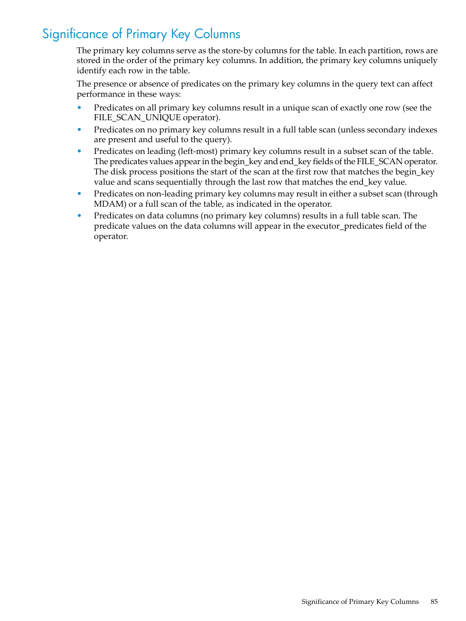 Significance of primary key columns | HP Neoview Release 2.4 Software User Manual | Page 85 / 94