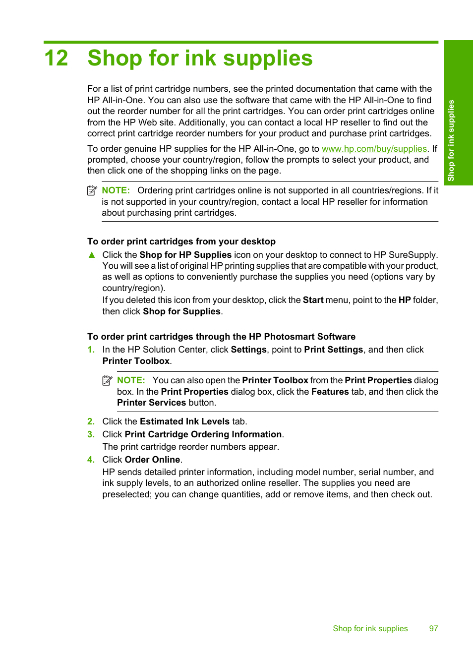 Shop for ink supplies, 12 shop for ink supplies | HP Photosmart C4580 All-in-One Printer User Manual | Page 100 / 261