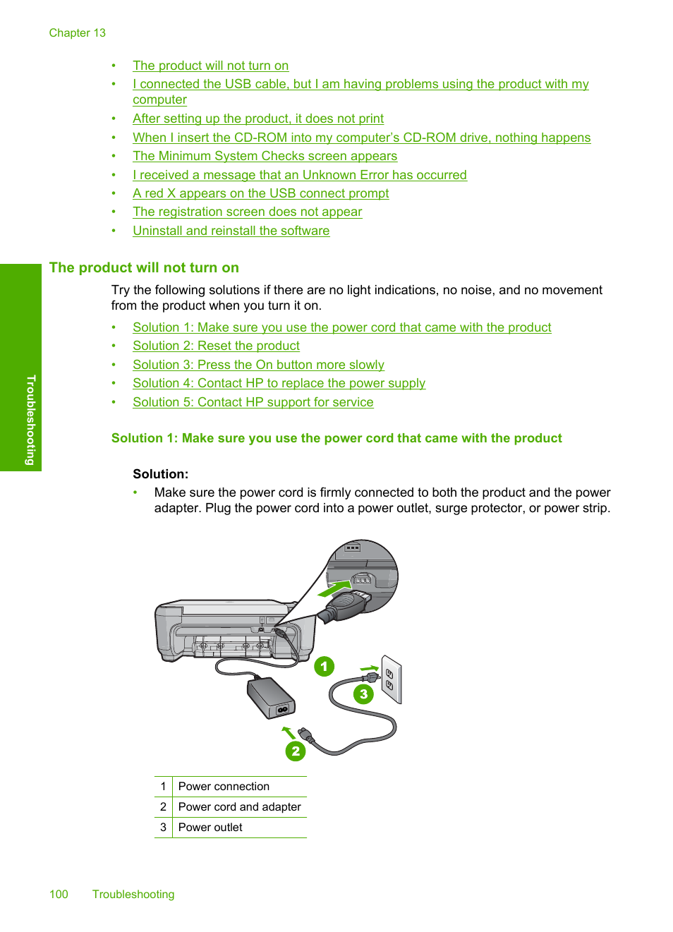 The product will not turn on | HP Photosmart C4580 All-in-One Printer User Manual | Page 103 / 261