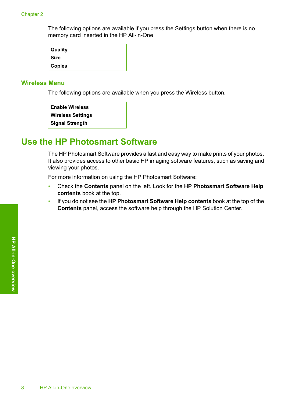 Wireless menu, Use the hp photosmart software | HP Photosmart C4580 All-in-One Printer User Manual | Page 11 / 261