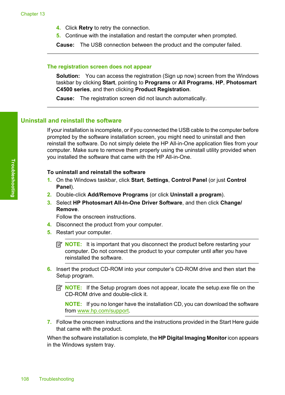 Uninstall and reinstall the software, The registration screen does not appear | HP Photosmart C4580 All-in-One Printer User Manual | Page 111 / 261