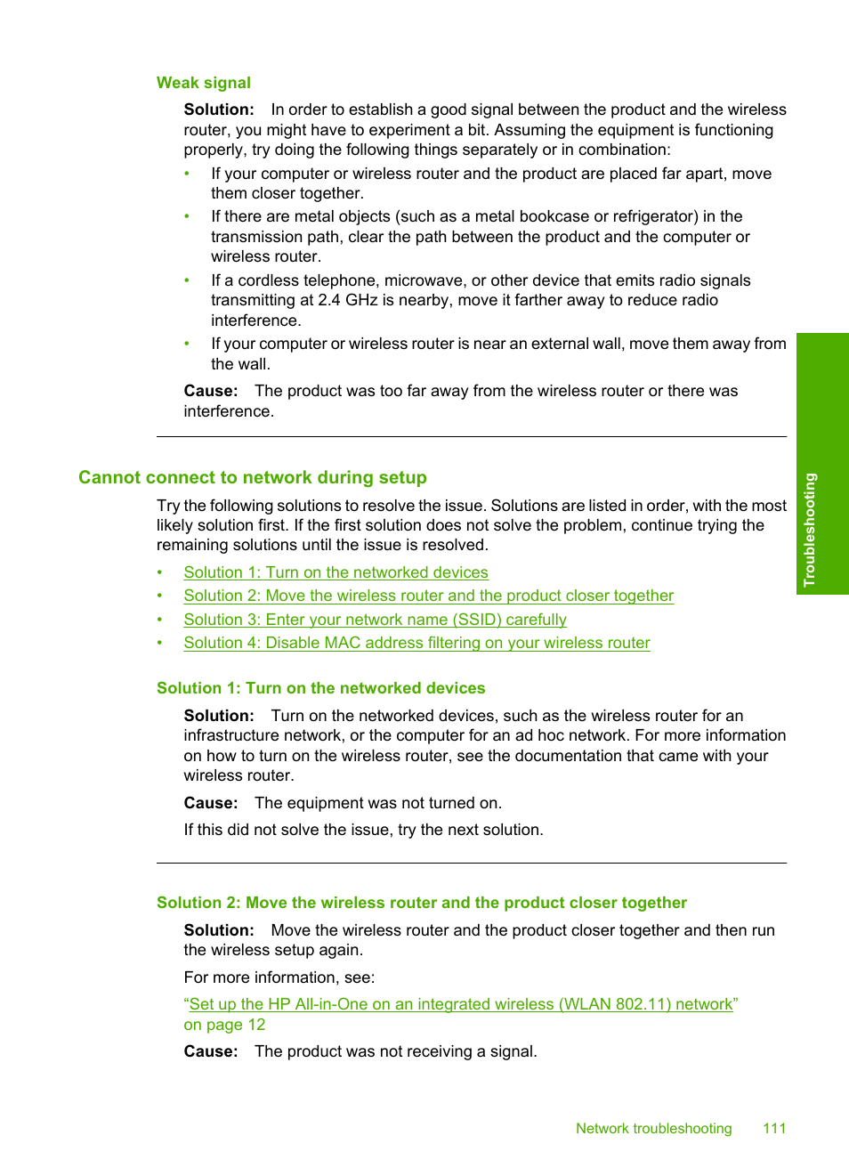 Cannot connect to network during setup, Weak signal | HP Photosmart C4580 All-in-One Printer User Manual | Page 114 / 261