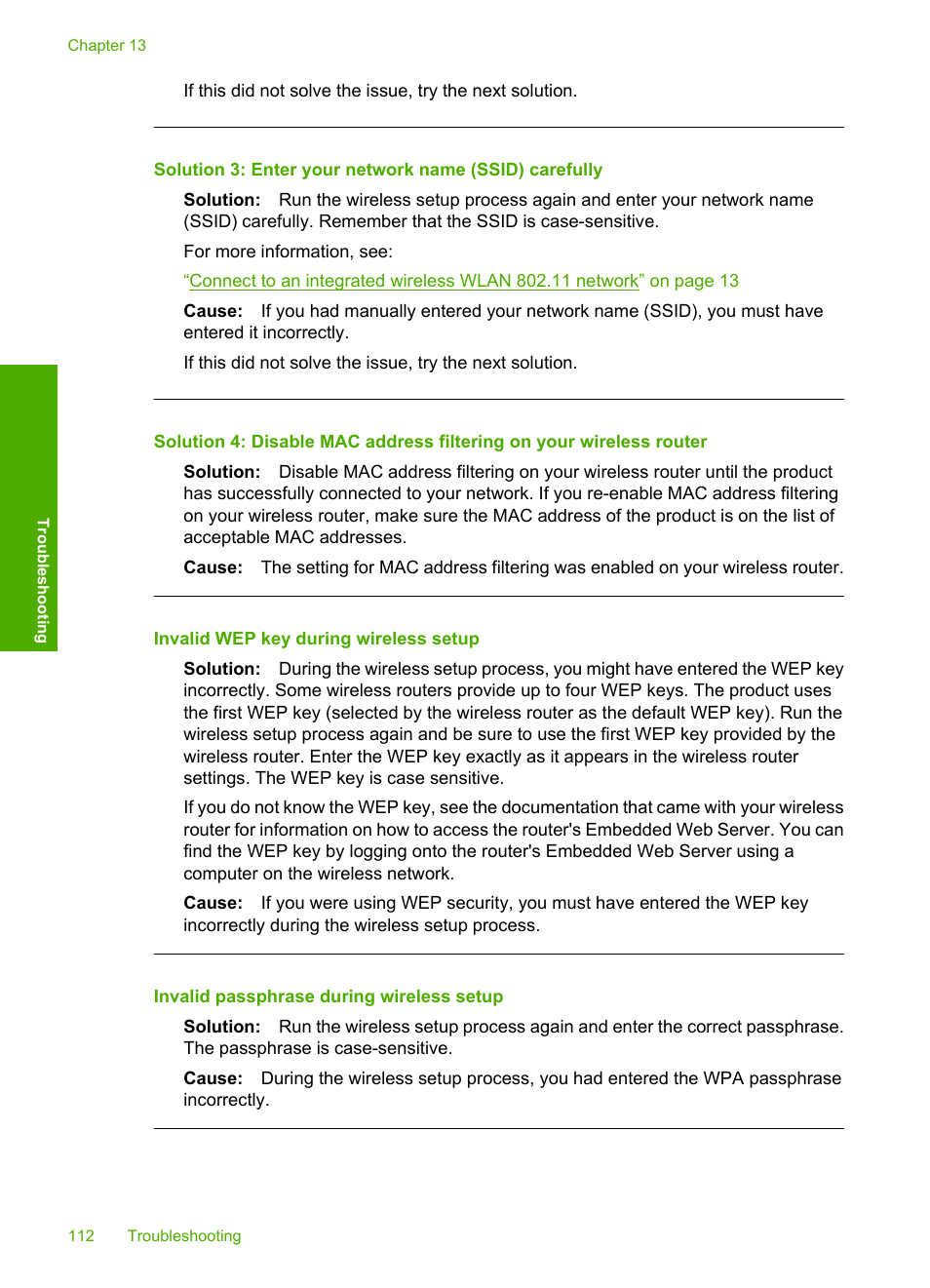 Invalid wep key during wireless setup, Invalid passphrase during wireless setup | HP Photosmart C4580 All-in-One Printer User Manual | Page 115 / 261