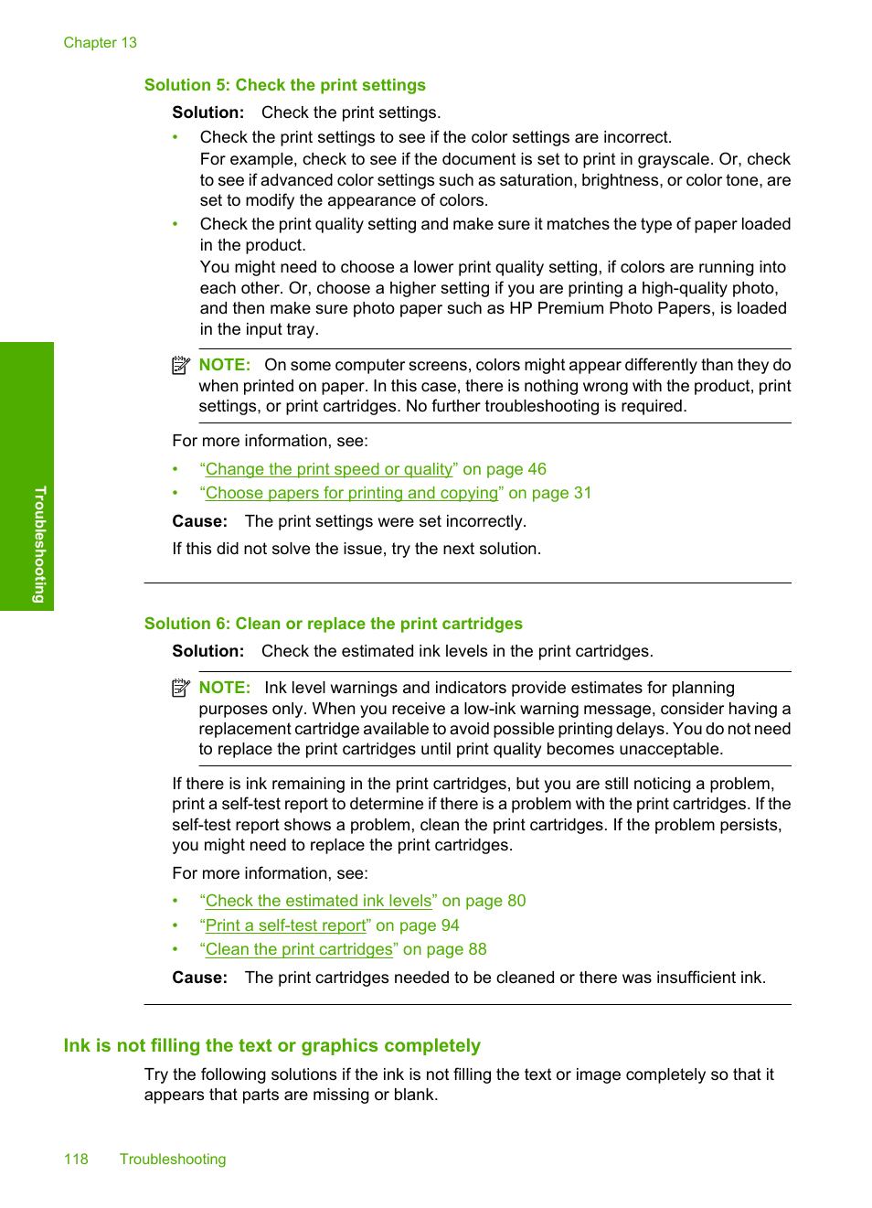 Ink is not filling the text or graphics completely, Solution 5: check the print settings, Solution 6: clean or replace the print cartridges | HP Photosmart C4580 All-in-One Printer User Manual | Page 121 / 261