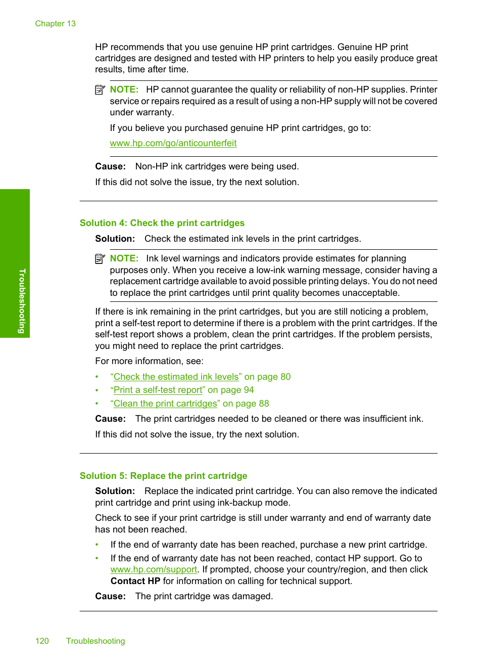 Solution 4: check the print cartridges, Solution 5: replace the print cartridge | HP Photosmart C4580 All-in-One Printer User Manual | Page 123 / 261