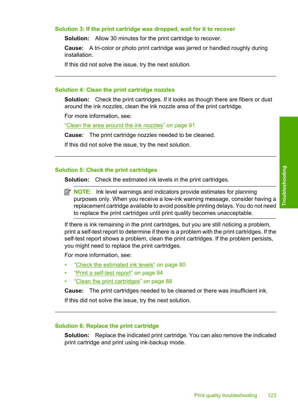 Solution 4: clean the print cartridge nozzles, Solution 5: check the print cartridges, Solution 6: replace the print cartridge | HP Photosmart C4580 All-in-One Printer User Manual | Page 126 / 261