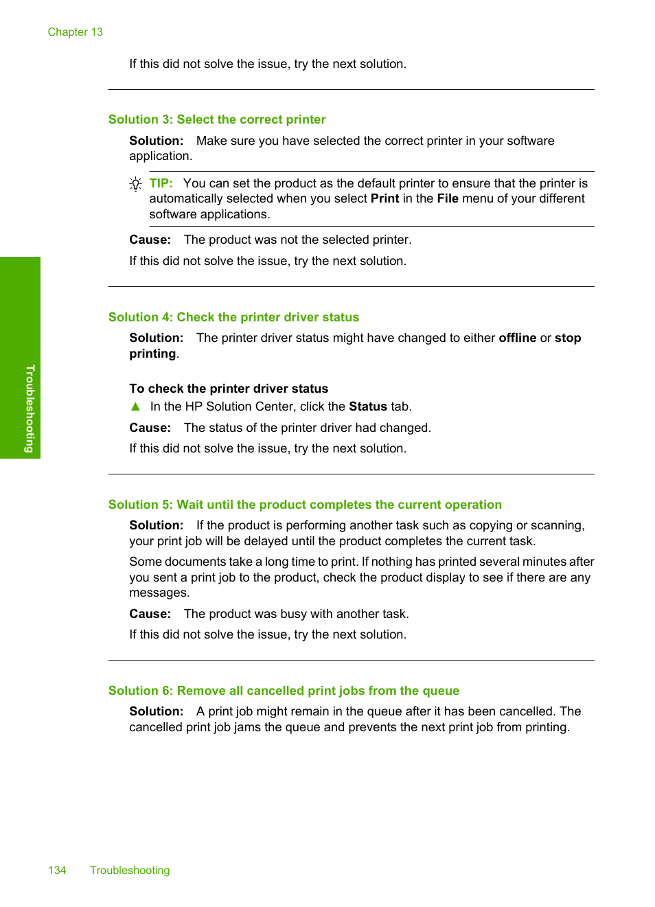 Solution 3: select the correct printer, Solution 4: check the printer driver status | HP Photosmart C4580 All-in-One Printer User Manual | Page 137 / 261