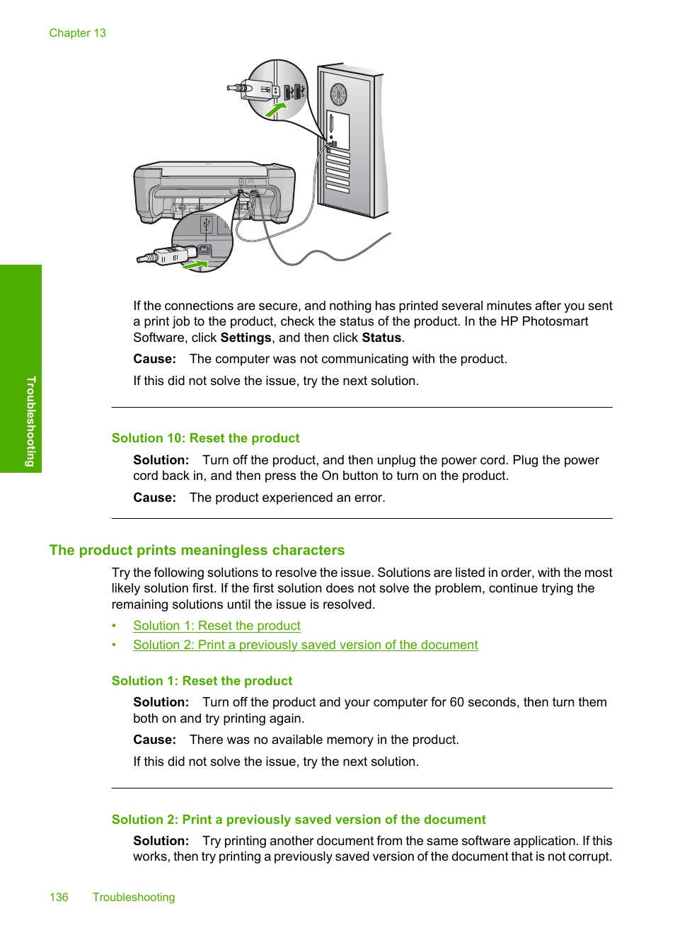 The product prints meaningless characters, Solution 10: reset the product | HP Photosmart C4580 All-in-One Printer User Manual | Page 139 / 261