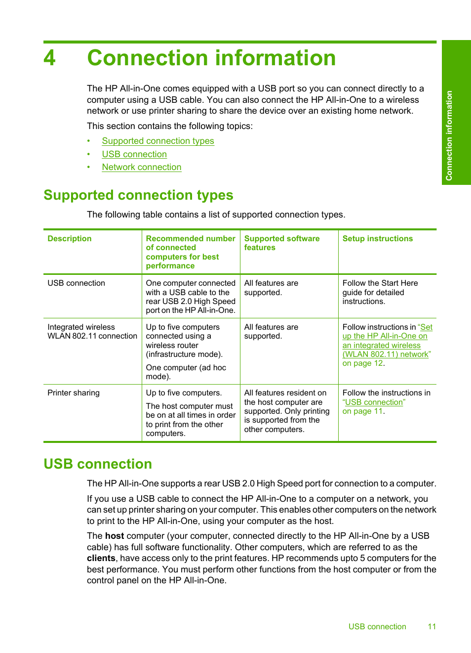 Connection information, Supported connection types, Usb connection | 4 connection information, Supported connection types usb connection, 4connection information | HP Photosmart C4580 All-in-One Printer User Manual | Page 14 / 261