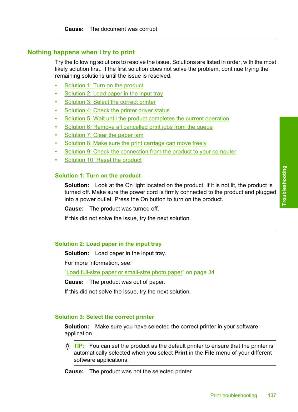 Nothing happens when i try to print | HP Photosmart C4580 All-in-One Printer User Manual | Page 140 / 261