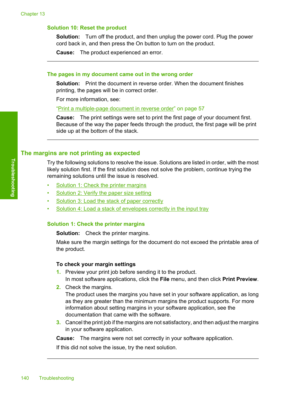 The margins are not printing as expected, Solution 10: reset the product | HP Photosmart C4580 All-in-One Printer User Manual | Page 143 / 261
