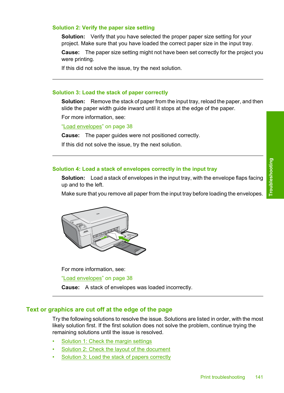 Solution 2: verify the paper size setting, Solution 3: load the stack of paper correctly | HP Photosmart C4580 All-in-One Printer User Manual | Page 144 / 261