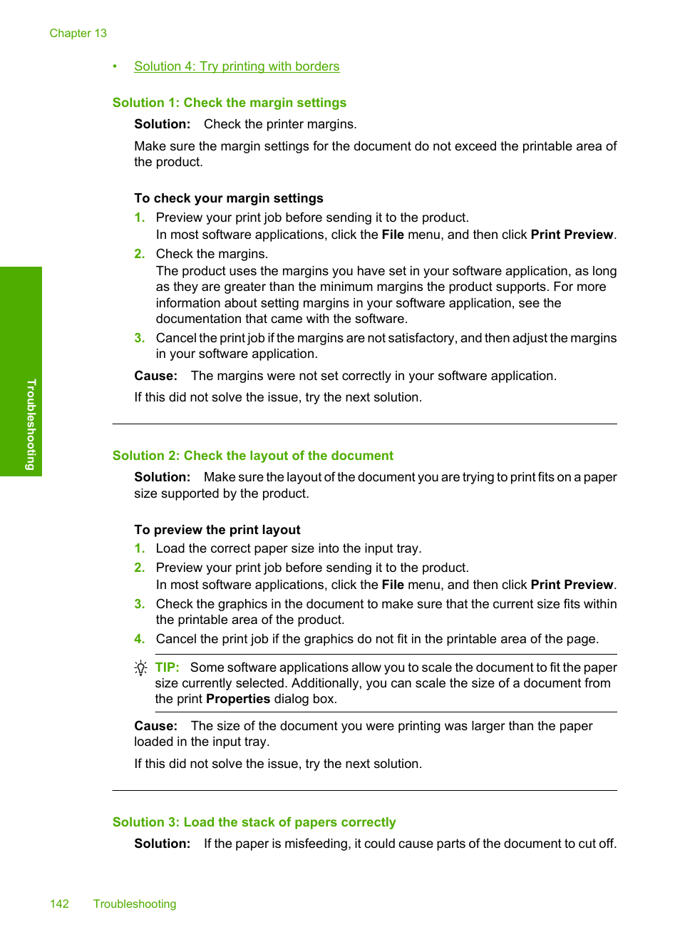 Solution 1: check the margin settings, Solution 2: check the layout of the document, Solution 3: load the stack of papers correctly | HP Photosmart C4580 All-in-One Printer User Manual | Page 145 / 261